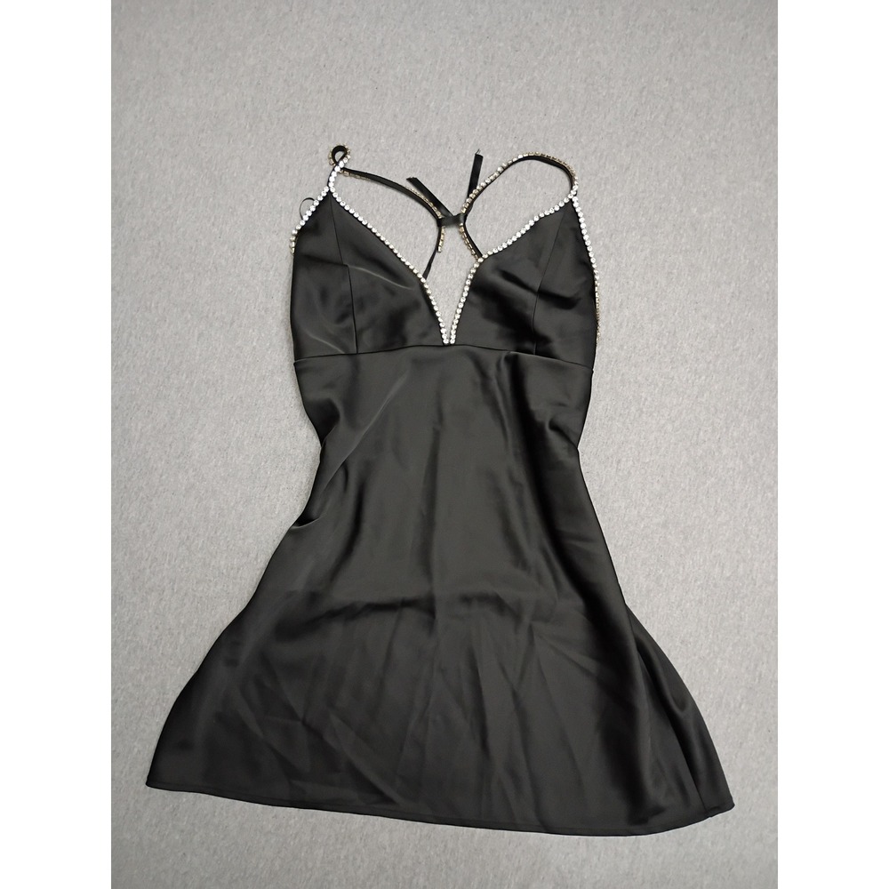 House of Harlow 1960 Black Satin Rhinestone Trim Mini Dress Size 6 Cocktail NEW
